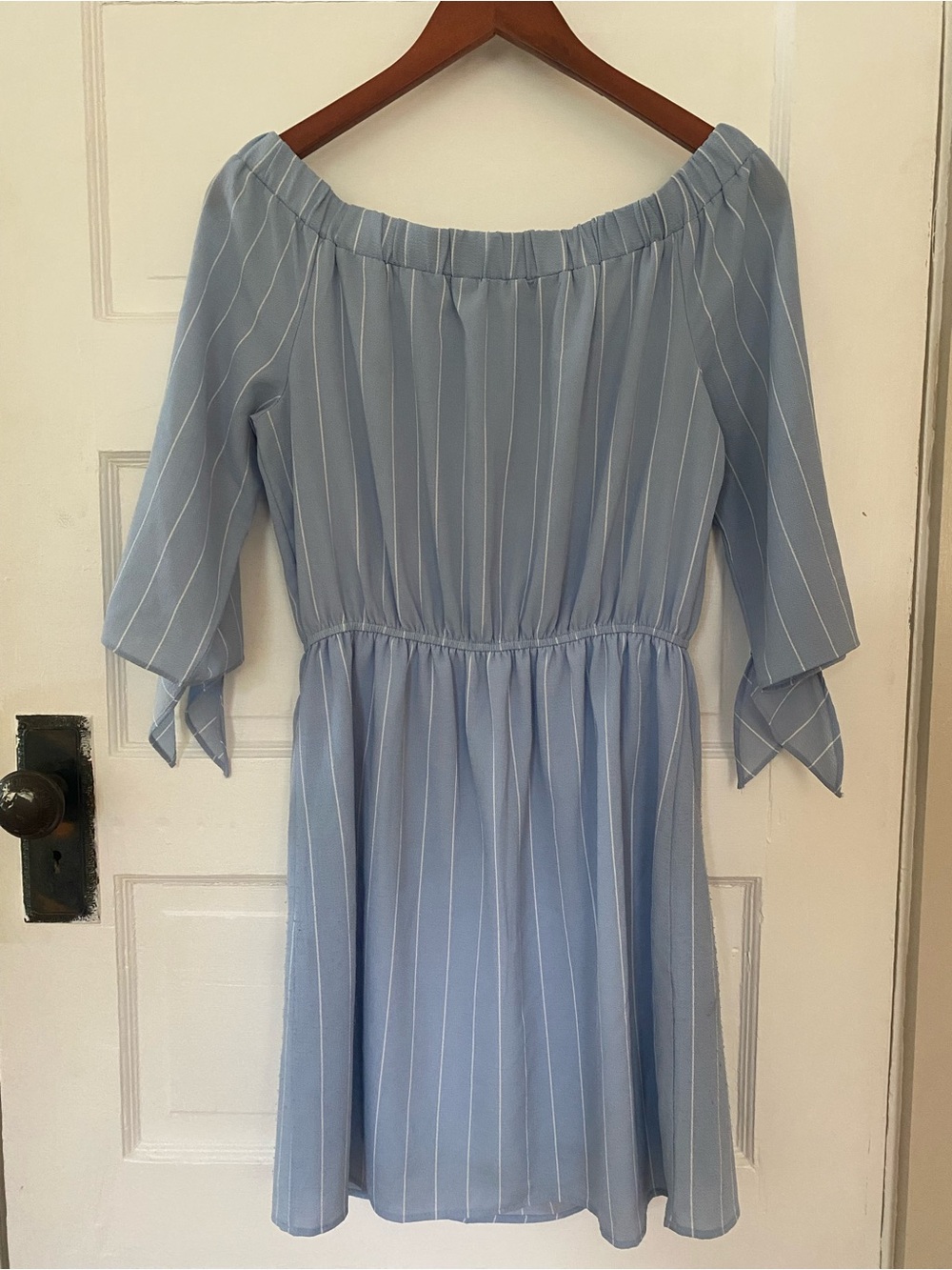 Light Blue Pinstripe Off-Shoulder Mini Dress